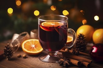 Glass of traditional mulled wine with orange and cranberry garnishes on a cozy Christmas table. The