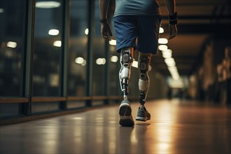 Amputee sportsman walking in corridor with bionic prosthetic legs prosthesis with robotic