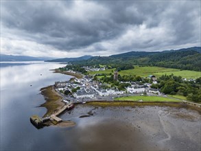 Aerial view of the village of Inveraray on Loch Fyne, a 65 kilometre long fjord, Argyll and Bute,