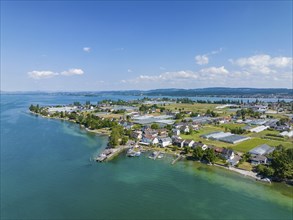 Aerial panorama of the western part of the island of Reichenau with the landing stage, on the