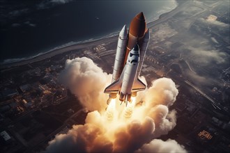 Aerial view of a rocket shuttle carrier launch at sunrise over an ocean coast. The rocket is