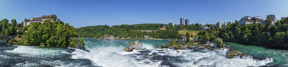 Aerial panorama of the Rhine Falls, Schloss Laufen on the left, Neuhausen, Canton Schaffhausen,