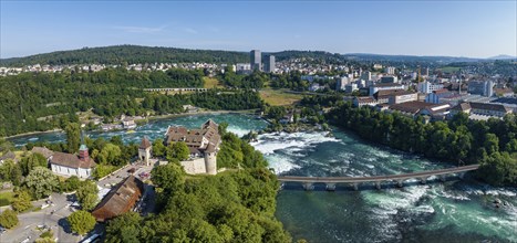 Aerial panorama of the Rhine Falls with tourist centre and Laufen Castle, Neuhausen, Canton