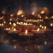 Diwali indian festival of lights background, burning diya lamps on a decorated table close up, AI