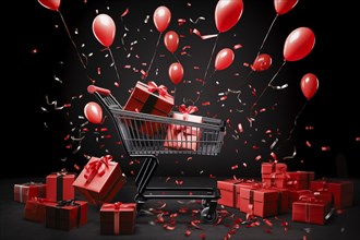 A black Friday Sale concept, black present boxes with red ribbons in shopping cart on a black