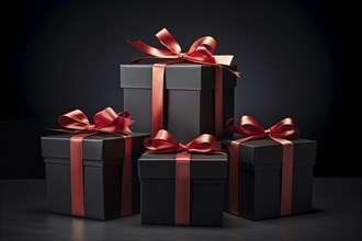 A black Friday Sale concept with black present boxes with red ribbons on a black background, AI