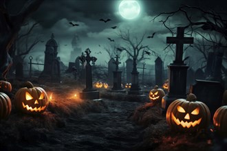 Halloween concept, spooky graveyard at night under full moon with Halloween jack-o-lantern pumpkins