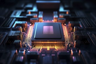 Close-up of a computer processor chip CPU on a motherboard with glowing neon lights. The chip is