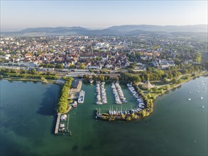 Aerial view of the town of Radolfzell on Lake Constance with the WÃ¤schbruck harbour, harbour pier