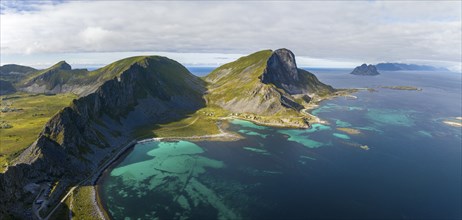 Mountains and coast of the island of Vaeroy, Vaeroy, Lofoten, Norway, Europe