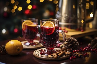 Two glasses of traditional mulled wine with orange and cranberry garnishes on a cozy Christmas