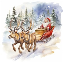 A watercolor drawing illustration of Santa Claus sleigh ride with reindeer, in the style of