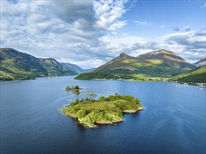 Aerial view of the western part of the freshwater loch Loch Leven with the historic island of