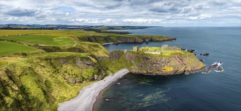 Aerial panorama of Dunnottar Castle ruins on the North Sea coast, Stonehaven, Aberdeenshire,