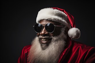 Modern black Santa Claus in Santa hat with sunglasses and long white beard, smiling while looking