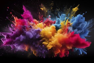 Holi background, vibrant and colorful powder smoke explosion on black background, AI generated