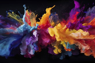 Abstract background of vibrant colorful paint splashes on black background, AI generated