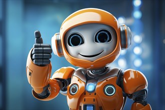 Orange robot showing a thumbs up gesture. The friendly robot has big round eyes and a friendly