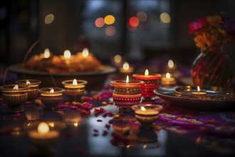 Diwali indian festival of lights background, burning diya lamps on a decorated table close up, AI