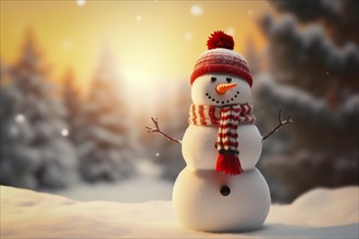 Smiling cute snowman with a red scarf and hat in a winter forest landscape at sunset. Concept the