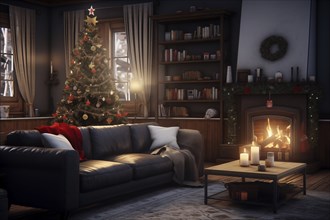 A cozy interior living room with burning fireplace decorated for Christmas with a Christmas tree.