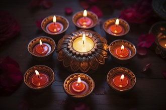 Diwali indian festival of lights background, burning diya lamps on a decorated table close up, AI