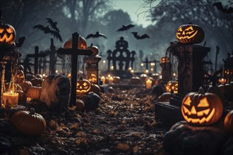 Halloween concept, spooky graveyard at night under full moon with Halloween jack-o-lantern pumpkins