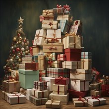 A pile of Christmas presents gift boxes with Christmas tree. The image captures the festive merry