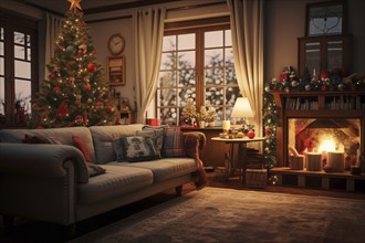 A cozy interior living room with burning fireplace decorated for Christmas with a Christmas tree.