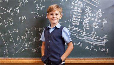 A little boy, about 9 years old, stands in front of a blackboard with a long formula, KI generated,