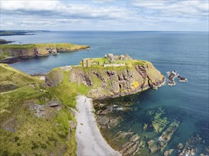 Aerial view of Dunnottar Castle ruins on the North Sea coast, Stonehaven, Aberdeenshire, Scotland,