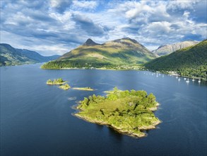 Aerial view of the western part of Loch Leven with the historic island of Eilean Munde, above it