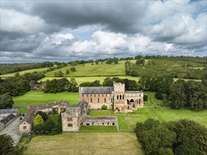 Aerial view of Lanercost Priory, ruined church and former monastic site, County Cumbria, England,