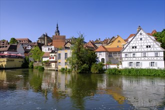 Left arm of the Regnitz, with mill bridge, and Eckert's inn, Bamberg, Upper Franconia, Bavaria,