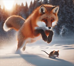 A red fox in winter fur jumping in pursuit of a mouse in the snow in a winter landscape, AI