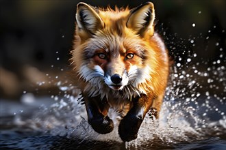 Red fox mid hunt front view on water, AI generated