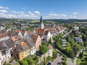 Aerial view of the town of Engen in Hegau with the Church of the Assumption of the Virgin Mary in