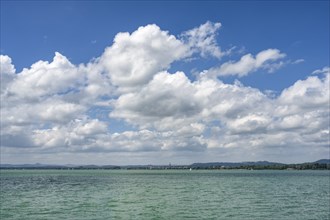 View over Lake Constance, on the horizon the town of Radolfzell with the Mettnau peninsula,