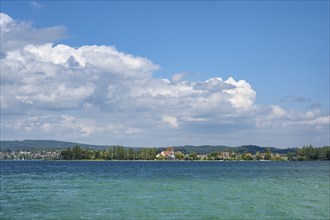 View across Lake Constance to the island of Reichenau with the church of St. Peter and Paul,