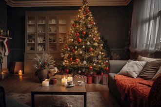 A cozy interior living room decorated for Christmas with a Christmas tree with presents gift boxes.