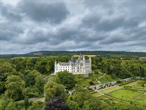 Aerial view of Dunrobin Castle, Golspie, Sutherland, Highlands, Scotland, United Kingdom, Europe