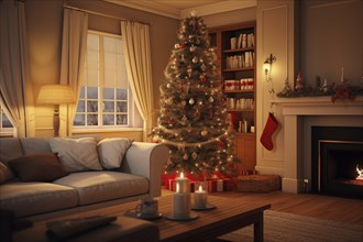 A cozy interior living room with burning fireplace decorated for Christmas with a Christmas tree