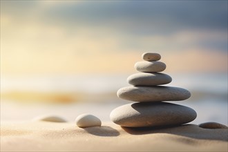 Zen stones stack on sand waves in a minimalist setting for balance and harmony. Balance, harmony,