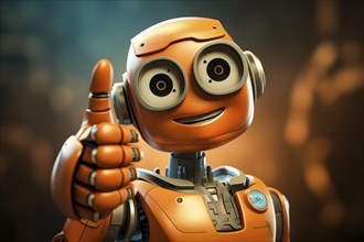 Orange robot showing a thumbs up gesture. The friendly robot has big round eyes and a friendly