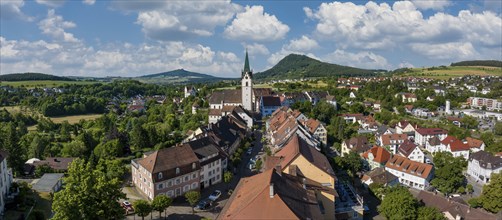 Aerial panorama of the old town of Engen, on the horizon the Hegauberge Hohenhewen and