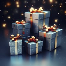 A pile of blue Christmas presents gift boxes on blue background. The image captures the festive