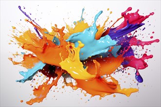 Abstract background of vibrant colorful paint splashes on black background, AI generated