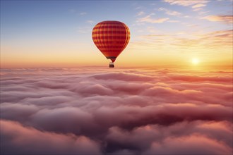 Colorful hot air balloon floats over a sea of clouds at sunset at sunset with orange and blue skies