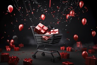 A black Friday Sale concept, black present boxes with red ribbons in shopping cart on a black