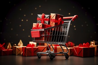 A black Friday Sale concept, black present boxes with red ribbons in shopping cart on a black